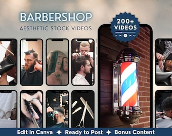 200 vídeos promocionales para barberías, marketing en redes sociales para pequeñas empresas, contenido sobre el cuidado del cabello masculino, plantilla de descarga digital