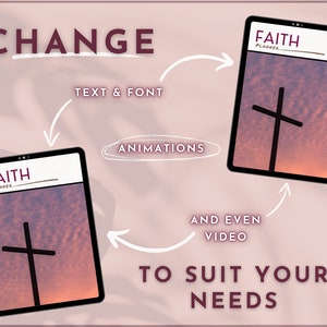 Pu&ograve; includere: Lo schermo di un tablet digitale mostra un modello di planner di fede personalizzabile con una croce e uno sfondo di cielo al tramonto. Il testo "FAITH PLANNER" &egrave; in cima allo schermo. L'immagine mostra come il planner pu&ograve; essere modificato con diversi testi, font, animazioni e persino video per soddisfare le tue esigenze.