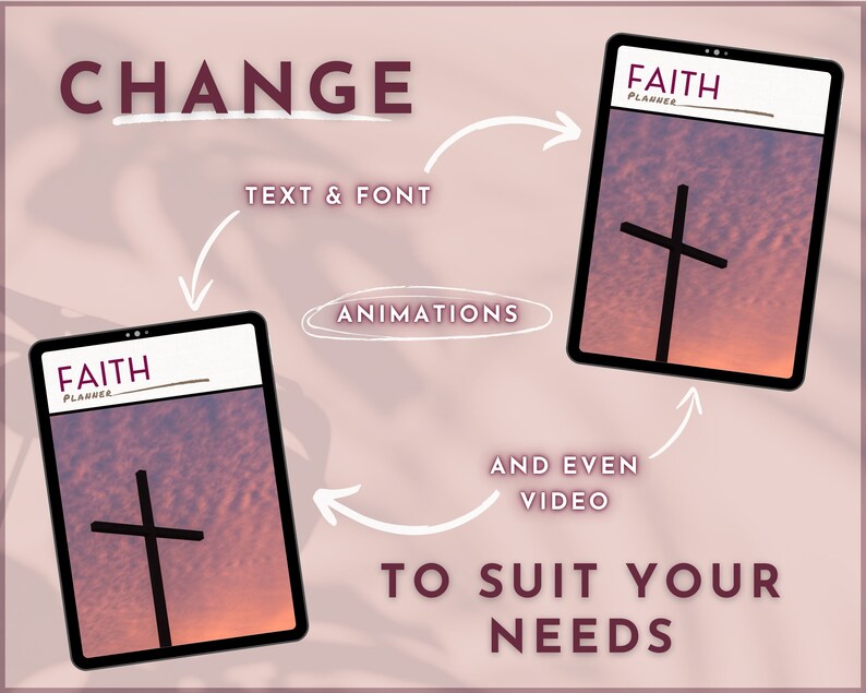 Pu&ograve; includere: Lo schermo di un tablet digitale mostra un modello di planner di fede personalizzabile con una croce e uno sfondo di cielo al tramonto. Il testo "FAITH PLANNER" &egrave; in cima allo schermo. L'immagine mostra come il planner pu&ograve; essere modificato con diversi testi, font, animazioni e persino video per soddisfare le tue esigenze.