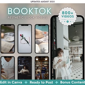 Puede incluir: Imagen promocional para videos estéticos de stock de "BookTok". La imagen presenta varias pantallas de teléfonos inteligentes que muestran escenas de libros, una rosa y una persona leyendo. El texto incluye "800+ Videos", "Edit in Canva" y "Ready to Post".