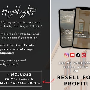 May include: A digital marketing template for real estate agents. The template is designed for social media platforms such as Instagram, TikTok, YouTube, and Pinterest. The template includes the text "Just Listed", "Get in Touch with Us", and "Looking for a New Place to Call Home?" The template also includes a private label and master resell rights.