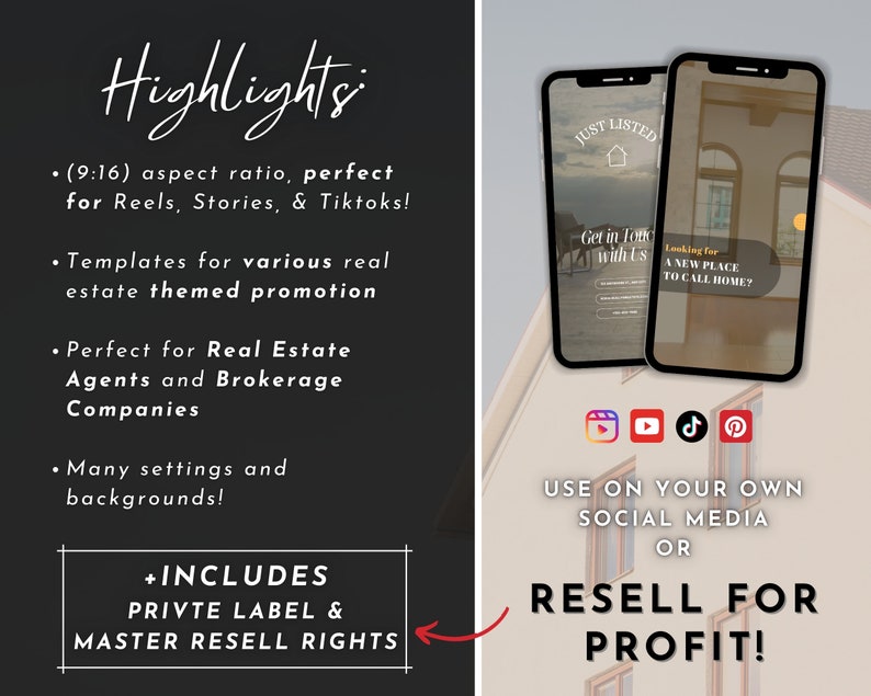 May include: A digital marketing template for real estate agents. The template is designed for social media platforms such as Instagram, TikTok, YouTube, and Pinterest. The template includes the text "Just Listed", "Get in Touch with Us", and "Looking for a New Place to Call Home?" The template also includes a private label and master resell rights.