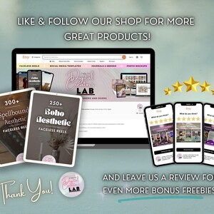 May include: An Etsy shop advertisement featuring a laptop, tablets, and smartphones. The laptop displays the shop's website, while the tablets showcase faceless reels. Smartphones display customer reviews. Text includes "Like & Follow", "Thank You!", and "Bonus Freebies!"
