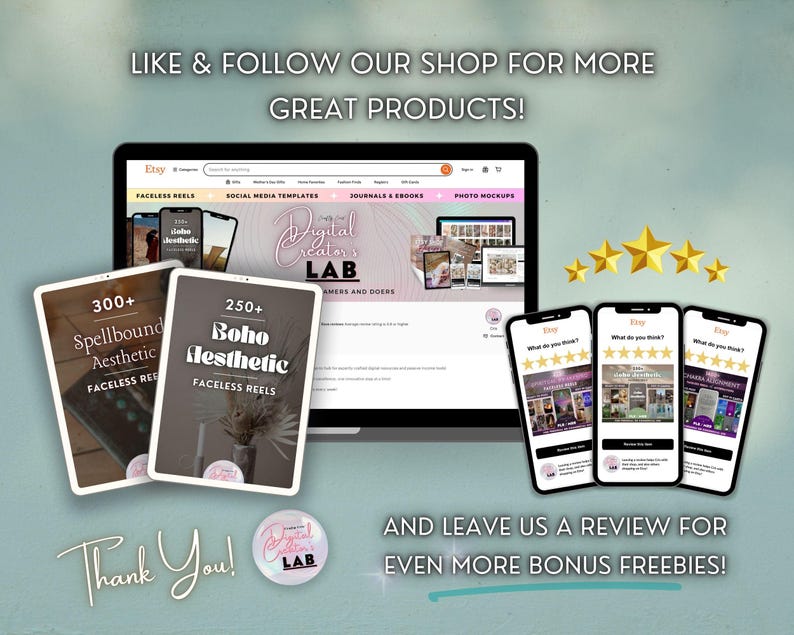 May include: An Etsy shop advertisement featuring a laptop, tablets, and smartphones. The laptop displays the shop's website, while the tablets showcase faceless reels. Smartphones display customer reviews. Text includes "Like & Follow", "Thank You!", and "Bonus Freebies!"