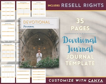 May include: A digital printable devotional journal template with 35 pages. The cover features a photo of a person praying in an old stone building with a vaulted ceiling. The text "DEVOTIONAL JOURNAL" is in blue and white on the cover. The text "INCLUDES RESELL RIGHTS" is in white on a burgundy background. The text "35 PAGES" is in white on a beige background. The text "Devotional Journal" is in blue on a beige background. The text "JOURNAL TEMPLATE" is in white on a beige background. The text "CUSTOMIZE WITH CANVA" is in white on a burgundy background.