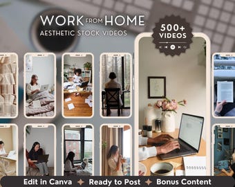 Videos para trabajar desde casa, contenido para trabajar desde casa, marketing estético sin rostro para la oficina en casa, plantillas para redes sociales de Instagram y TikTok, MRR y PLR