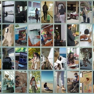 May include: A collage of diverse individuals working remotely in various settings. People are using laptops, tablets, and smartphones in locations such as cars, airports, cafes, and outdoors. The images showcase a range of ages and ethnicities.