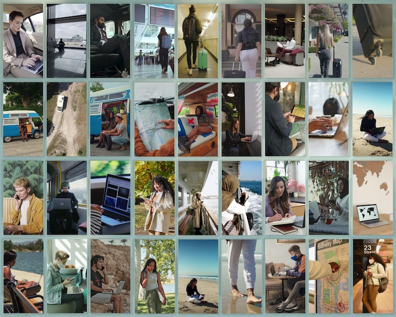 May include: A collage of diverse individuals working remotely in various settings. People are using laptops, tablets, and smartphones in locations such as cars, airports, cafes, and outdoors. The images showcase a range of ages and ethnicities.