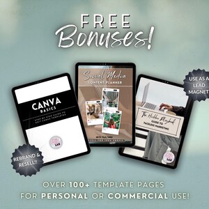 May include: Three digital tablets displaying marketing content. The tablets feature the text "CANVA BASICS", "Social Media Content Planner", and "The Hidden Playbook Guide to Faceless Marketing". The image also includes the text "FREE Bonuses!" and "Over 100+ Template Pages for Personal or Commercial Use!"