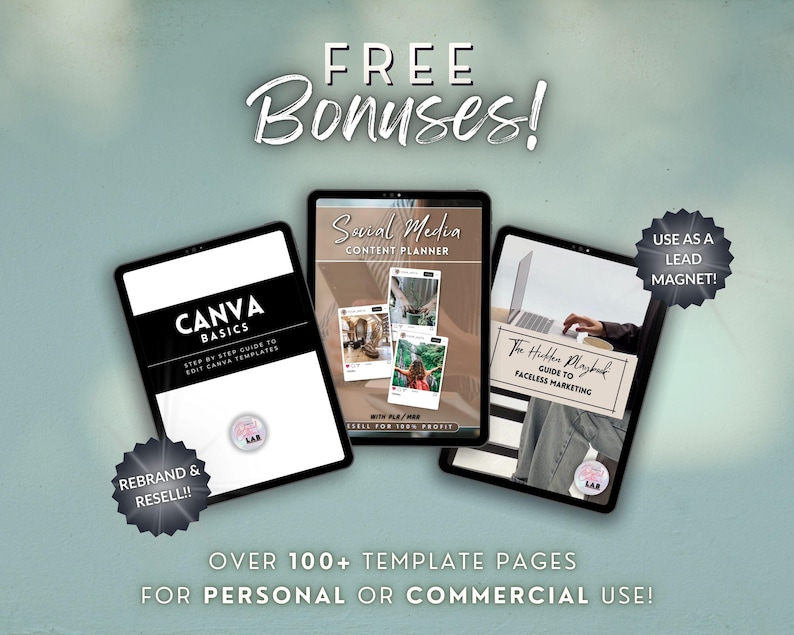 May include: Three digital tablets displaying marketing content. The tablets feature the text "CANVA BASICS", "Social Media Content Planner", and "The Hidden Playbook Guide to Faceless Marketing". The image also includes the text "FREE Bonuses!" and "Over 100+ Template Pages for Personal or Commercial Use!"
