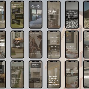 May include: A collage of 16 images promoting real estate services. The images feature various properties, including houses, apartments, and office spaces. Some images include text such as "Open House", "Just Listed", "For Rent", and "Back on the Market".