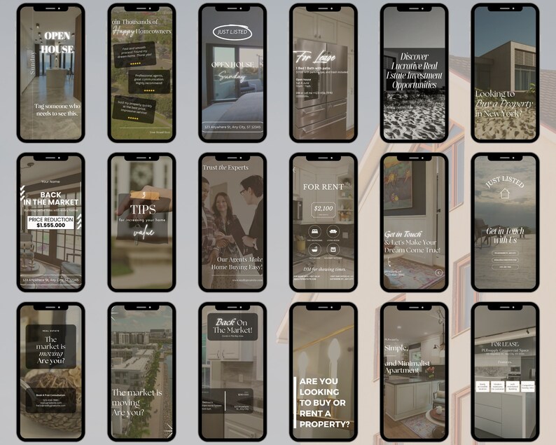 May include: A collage of 16 images promoting real estate services. The images feature various properties, including houses, apartments, and office spaces. Some images include text such as "Open House", "Just Listed", "For Rent", and "Back on the Market".