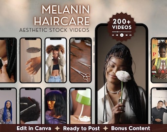200 vídeos de cuidado capilar para personas con melanina, vídeos de archivo sobre peinados para cabello afro, marketing en redes sociales para pequeños salones de belleza, plantilla de descarga digital