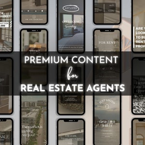 May include: A collage of images showcasing real estate services for agents. The images feature various real estate listings, including "For Sale", "For Rent", "For Lease", and "Just Listed" properties. The text "Premium Content for Real Estate Agents" is prominently displayed in the centre of the collage.