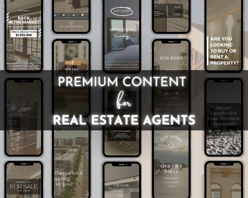 May include: A collage of images showcasing real estate services for agents. The images feature various real estate listings, including "For Sale", "For Rent", "For Lease", and "Just Listed" properties. The text "Premium Content for Real Estate Agents" is prominently displayed in the centre of the collage.