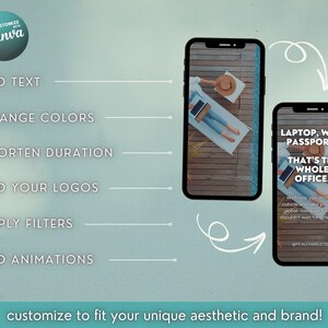 May include: A teal graphic promoting Canva features two smartphone mockups. One shows a person relaxing with a laptop, the other displays the text "LAPTOP, WIFI, PASSPORT - THAT'S THE WHOLE OFFICE." Additional text highlights customization options.