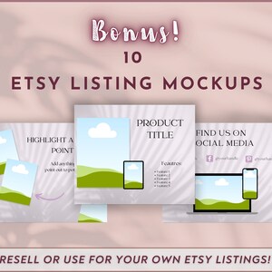 Pu&ograve; includere: Dieci mockup di elenco Etsy con uno sfondo di paesaggio verde e blu. I mockup mostrano un laptop, uno smartphone e un'immagine quadrata. Il testo "Bonus! 10 Etsy Listing Mockups" &egrave; nella parte superiore dell'immagine. Il testo "Highlight a Point" &egrave; nell'angolo in alto a sinistra dell'immagine. Il testo "Product Title" &egrave; nell'angolo in alto a destra dell'immagine. Il testo "Find Us On Social Media" &egrave; nell'angolo in basso a destra dell'immagine. Il testo "Resell or Use for Your Own Etsy Listings!" &egrave; nella parte inferiore dell'immagine.