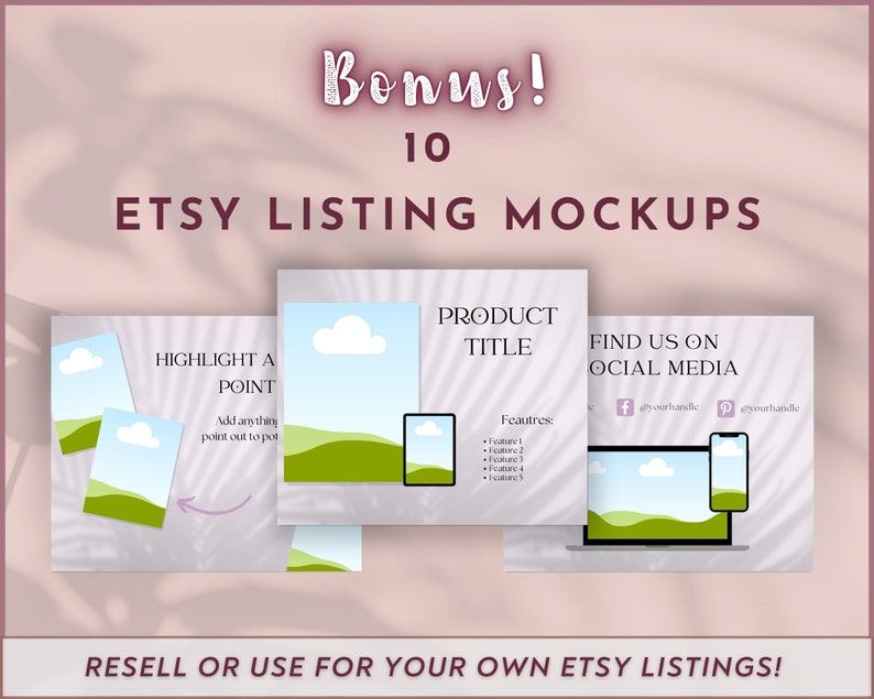 Pu&ograve; includere: Dieci mockup di elenco Etsy con uno sfondo di paesaggio verde e blu. I mockup mostrano un laptop, uno smartphone e un'immagine quadrata. Il testo "Bonus! 10 Etsy Listing Mockups" &egrave; nella parte superiore dell'immagine. Il testo "Highlight a Point" &egrave; nell'angolo in alto a sinistra dell'immagine. Il testo "Product Title" &egrave; nell'angolo in alto a destra dell'immagine. Il testo "Find Us On Social Media" &egrave; nell'angolo in basso a destra dell'immagine. Il testo "Resell or Use for Your Own Etsy Listings!" &egrave; nella parte inferiore dell'immagine.