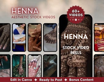 Más de 60 vídeos de arte con henna, contenido publicitario para pequeñas empresas en redes sociales, vídeos de archivo de vlogueras de belleza indias, descarga digital