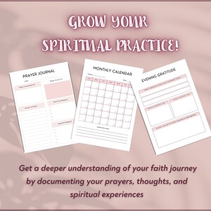Pu&ograve; includere: Un set di tre pagine di diario stampabili con accenti rosa. Le pagine sono intitolate "Diario di preghiera", "Calendario mensile" e "Gratitudine serale". Il testo "Fai crescere la tua pratica spirituale!" &egrave; in cima all'immagine.
