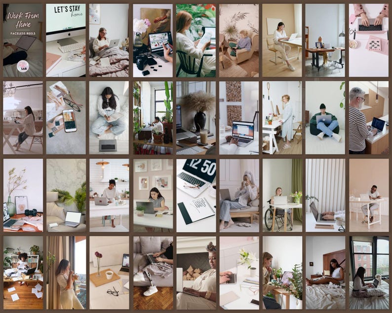 K&ouml;nnte beinhalten: Eine Collage von Bildern, die Menschen bei der Arbeit von zu Hause aus zeigen. Verschiedene Personen sind zu sehen, die Laptops, Computer und andere Ger&auml;te in verschiedenen Umgebungen verwenden, darunter Schlafzimmer, Wohnzimmer und Home-Offices. Die Bilder zeigen eine Vielzahl von Arbeitsumgebungen und -aktivit&auml;ten.