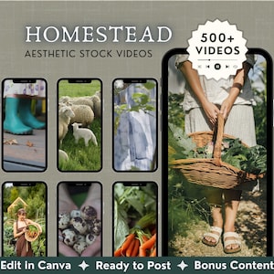 May include: Aesthetic stock videos displayed on smartphones. The image features a woman holding a basket of vegetables, along with other scenes of farm life. Text includes "Homestead" and "500+ Videos".