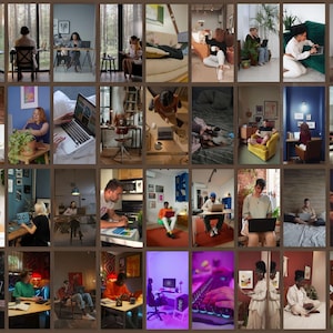 K&ouml;nnte beinhalten: Eine Collage von Bildern, die verschiedene Personen bei der Arbeit an Laptops in unterschiedlichen Umgebungen zeigen. Die Szenen umfassen Home-Offices, Schlafzimmer und Au&szlig;enbereiche und zeigen vielf&auml;ltige Arbeitsumgebungen und -aktivit&auml;ten.