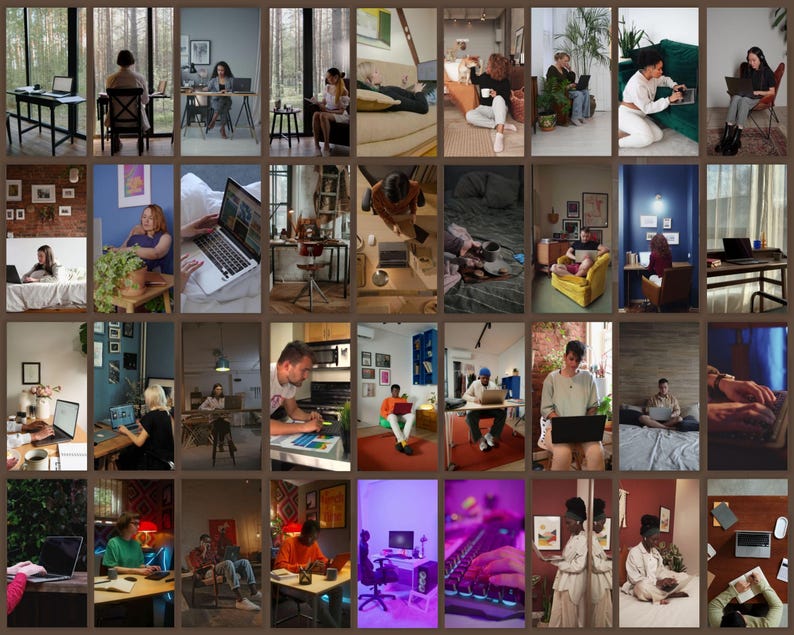 K&ouml;nnte beinhalten: Eine Collage von Bildern, die verschiedene Personen bei der Arbeit an Laptops in unterschiedlichen Umgebungen zeigen. Die Szenen umfassen Home-Offices, Schlafzimmer und Au&szlig;enbereiche und zeigen vielf&auml;ltige Arbeitsumgebungen und -aktivit&auml;ten.