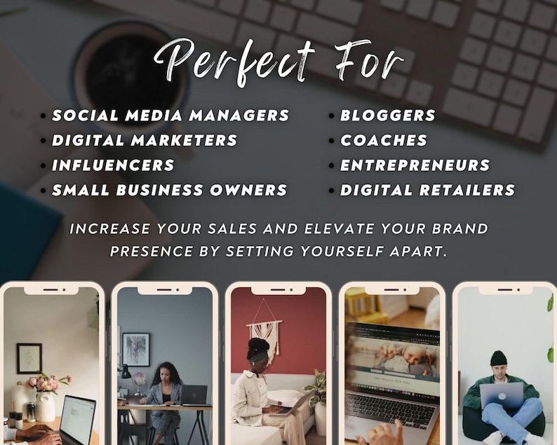 K&ouml;nnte beinhalten: Werbebild f&uuml;r Social-Media-Manager, Digital-Marketer, Influencer, Kleinunternehmer, Blogger, Coaches, Unternehmer und Digital-H&auml;ndler. Der Text wirbt f&uuml;r Umsatzsteigerung und Markenpr&auml;senz.