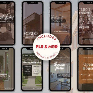 May include: A set of eight social media graphics for real estate agents. The graphics feature images of homes, text about buying and selling homes, and a call to action to contact the agent. The graphics are designed to be used on Instagram, Facebook, and other social media platforms.