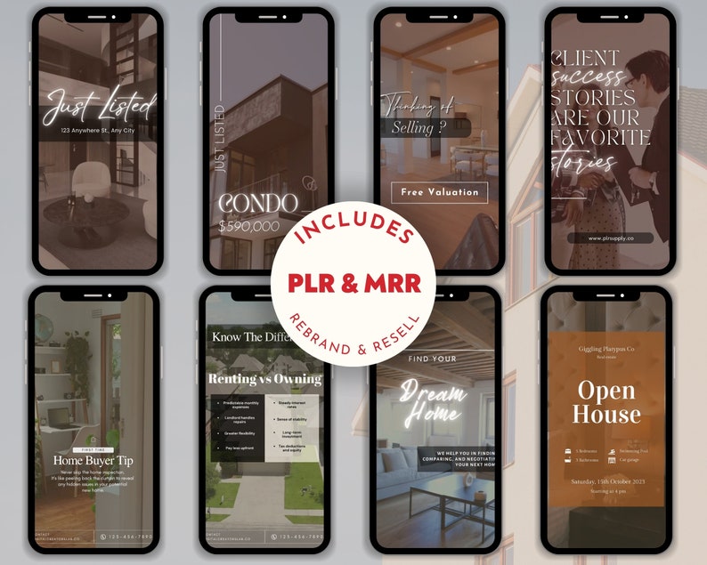 May include: A set of eight social media graphics for real estate agents. The graphics feature images of homes, text about buying and selling homes, and a call to action to contact the agent. The graphics are designed to be used on Instagram, Facebook, and other social media platforms.