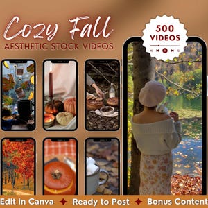 Op de afbeelding: Esthetische stockvideo's met een gezellig herfstthema. De afbeelding toont meerdere smartphoneschermen met herfsttaferelen, waaronder pompoenen, herfstbladeren en een persoon die een konijn vasthoudt. Tekst bevat "Cozy Fall" en "500 Videos."