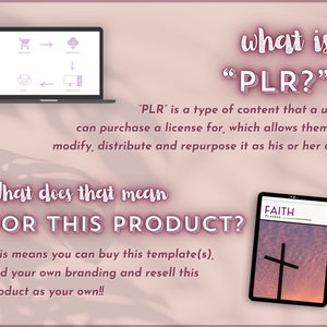 Pu&ograve; includere: Un grafico che spiega il concetto di "PLR" o Private Label Rights. Il grafico mostra un laptop con un diagramma di un carrello della spesa, una nuvola, una stampante e un monitor del computer. Il testo spiega che il PLR &egrave; un tipo di contenuto che un utente pu&ograve; acquistare in licenza, il che gli consente di modificarlo, distribuirlo e riutilizzarlo a suo piacimento. Il grafico mostra anche un'agenda digitale con una croce e la parola "FAITH" sulla copertina.