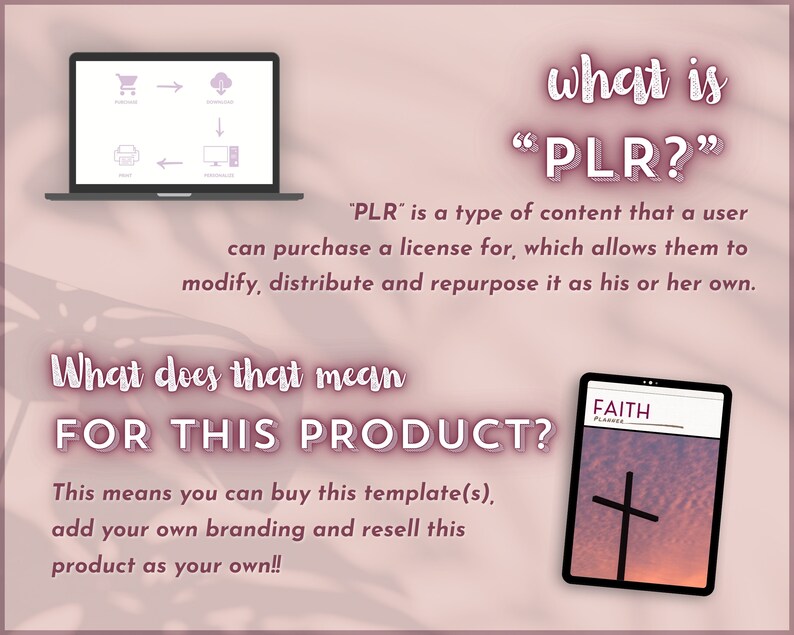 Pu&ograve; includere: Un grafico che spiega il concetto di "PLR" o Private Label Rights. Il grafico mostra un laptop con un diagramma di un carrello della spesa, una nuvola, una stampante e un monitor del computer. Il testo spiega che il PLR &egrave; un tipo di contenuto che un utente pu&ograve; acquistare in licenza, il che gli consente di modificarlo, distribuirlo e riutilizzarlo a suo piacimento. Il grafico mostra anche un'agenda digitale con una croce e la parola "FAITH" sulla copertina.
