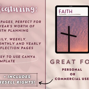 Pu&ograve; includere: Un modello di planner digitale con sfondo rosa e bianco. Il modello &egrave; intitolato "FAITH PLANNER" e presenta una croce su un cielo al tramonto. Il testo "featuring:" &egrave; elencato con punti elenco che descrivono le funzionalit&agrave; del planner. Il testo "GREAT FOR PERSONAL OR COMMERCIAL USE!" &egrave; incluso.