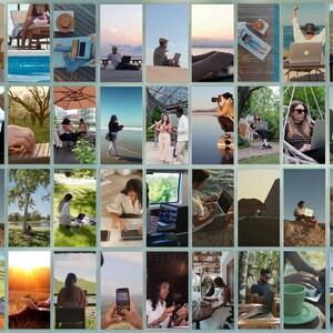 May include: A collage of images showcasing people using laptops in various outdoor and indoor settings. The scenes include individuals working at beaches, parks, cafes, and homes. The images depict a theme of remote work and digital nomad lifestyles.
