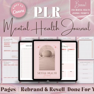 May include: A pink and white digital planner with the text "Mental Health Journal" and "80 Pages" on the cover. The planner includes pages for mood tracking, habit tracking, sleep tracking, and more. The text "Rebrand & Resell Done For You!" is also on the cover.
