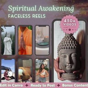 Puede incluir: Imagen promocional para "Spiritual Awakening Faceless Reels" que muestra pantallas de teléfonos inteligentes con contenido de meditación y bienestar. La imagen incluye una cabeza de Buda, velas y texto que dice "Edit in Canva", "Ready to Post" y "Bonus Content".