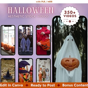 Peut inclure: Image promotionnelle pour des vidéos de stock esthétiques sur le thème d'Halloween. L'image présente des écrans de smartphone affichant des scènes d'Halloween, notamment des citrouilles sculptées, des fantômes et des costumes. Le texte comprend "Halloween", "Aesthetic Stock Videos" et "350+ Vidéos."
