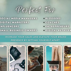 May include: Image with text reading "Perfect For" followed by a list of professions including social media managers, bloggers, and digital retailers. The text "Increase your sales and elevate your brand presence by setting yourself apart" is also present.