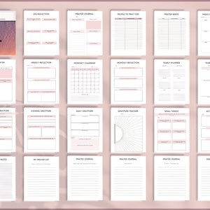 Pu&ograve; includere: Un planner stampabile con uno schema di colori rosa e bianco. Il planner include pagine per la preghiera quotidiana, la riflessione settimanale, il calendario mensile, la riflessione mensile, il planner annuale, la riflessione annuale, la gratitudine mattutina, la gratitudine serale, la gratitudine quotidiana, il tracker di gratitudine, le piccole cose, gli atti di gentilezza, i miei appunti di preghiera, la mia lista di preghiera e il diario di preghiera.