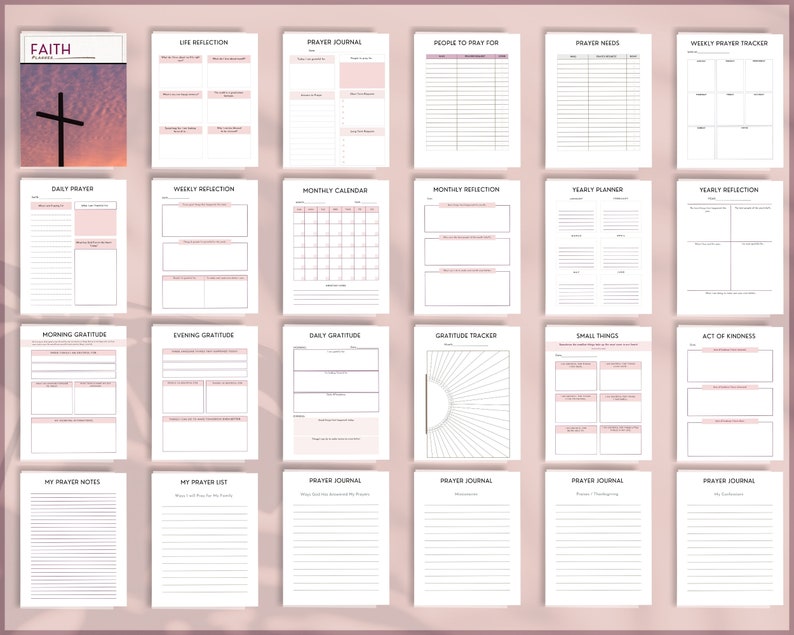Pu&ograve; includere: Un planner stampabile con uno schema di colori rosa e bianco. Il planner include pagine per la preghiera quotidiana, la riflessione settimanale, il calendario mensile, la riflessione mensile, il planner annuale, la riflessione annuale, la gratitudine mattutina, la gratitudine serale, la gratitudine quotidiana, il tracker di gratitudine, le piccole cose, gli atti di gentilezza, i miei appunti di preghiera, la mia lista di preghiera e il diario di preghiera.