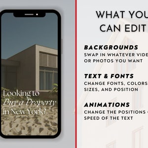 May include: A smartphone screen displaying a real estate advertisement with the text "Looking to Buy a Property in New York?" against a background image of a modern house. The text "WHAT YOU CAN EDIT" is displayed on the right side of the image with a list of editable features: backgrounds, text & fonts, and animations.