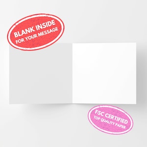 Puede incluir: Una tarjeta blanca en blanco con un sello ovalado rojo que dice "BLANK INSIDE FOR YOUR MESSAGE" y un sello ovalado rosa que dice "FSC CERTIFIED TOP QUALITY PAPER".