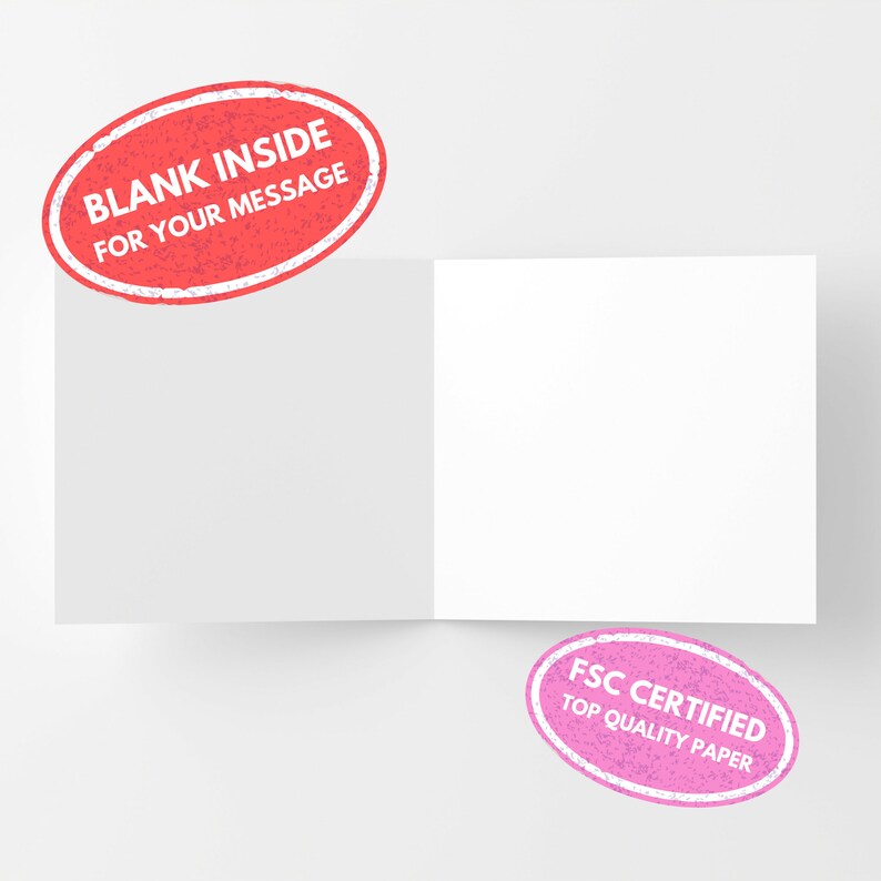 Puede incluir: Una tarjeta blanca en blanco con un sello ovalado rojo que dice "BLANK INSIDE FOR YOUR MESSAGE" y un sello ovalado rosa que dice "FSC CERTIFIED TOP QUALITY PAPER".