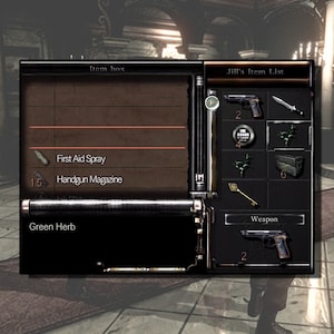 Op de afbeelding: Een schermafbeelding van een videogame die een inventaris met items en wapens laat zien. De items omvatten een EHBO-spray, een pistoolmagazijn en een groene kruid. De wapens omvatten een pistool en een mes. De tekst "Item box" en "Jill's Item List" wordt op het scherm weergegeven.