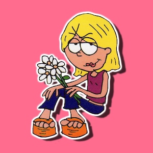May include: A cartoon illustration of a young woman with blonde hair wearing a purple tank top, blue jeans, and orange sandals. She is holding a bouquet of white flowers.