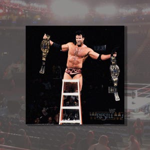 Könnte beinhalten: Ein professioneller Wrestler steht auf einer Leiter und hält zwei Meisterschaftsgürtel hoch. Der Wrestler trägt eine rot-schwarze Hose und schwarze Armbänder. Im Hintergrund ist eine Wrestling-Arena mit dem Text "Wrestlemania A47" zu sehen.