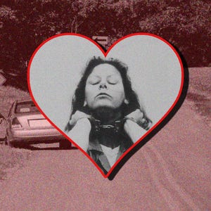 May include: A monochrome image of a person in handcuffs, framed within a red heart. The background features a road and a car, with a vintage, grainy effect.