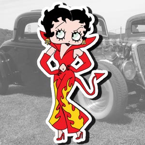 Pegatina troquelada de Betty Boop Devil para portátil, botella de agua, estilo vintage, dibujo animado, hot rod, bonita